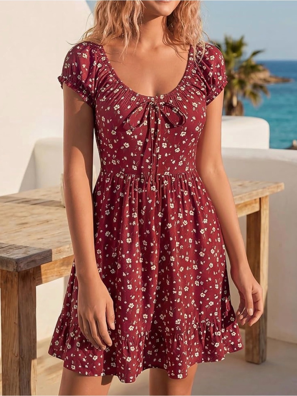 NWOT Tie-Front Red Floral Mini Dress lightweight Summer w Pockets, Medium